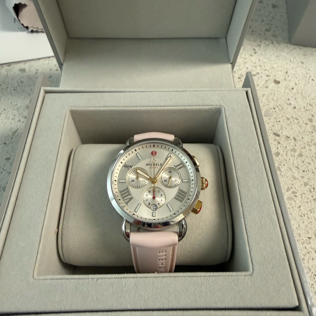 Michele Silver Dial Chronograph Watch With Pale Pink Strap